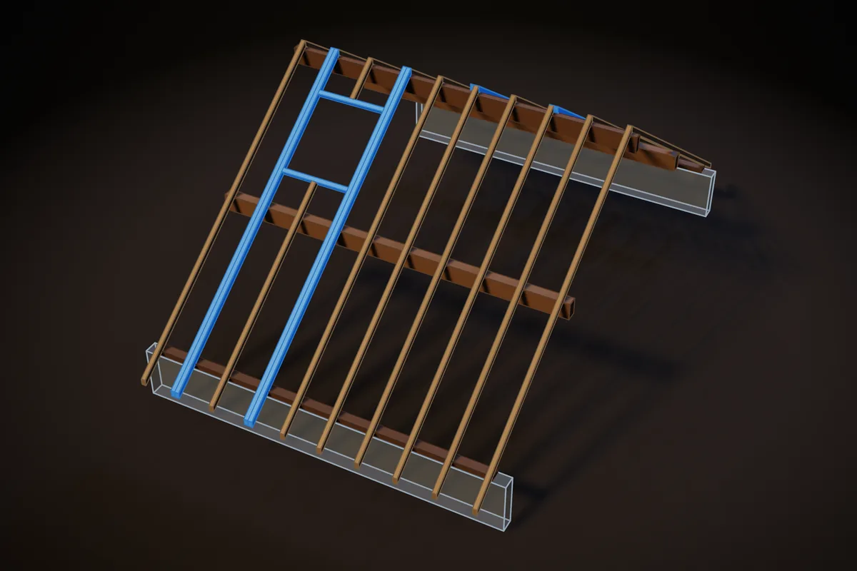 Fenêtre de toit et souche de cheminée avec leurs chevêtres en bleu